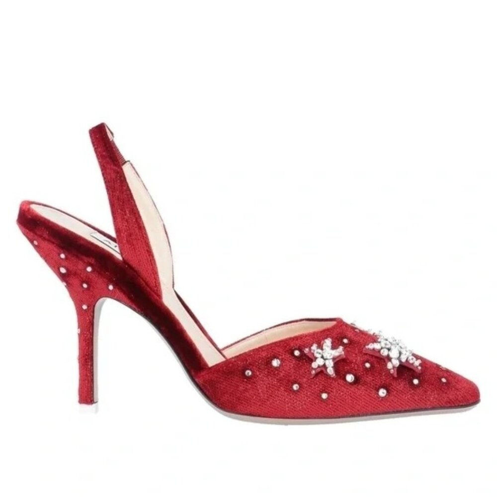 NWB Attico Velvet Mara Crystal Star Embellishments Slingback Heels Red Size 36